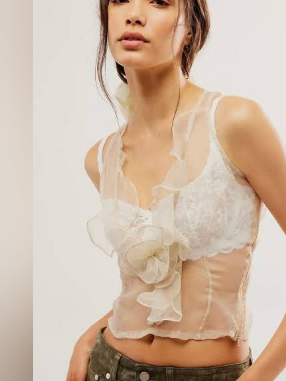 Belle Anna Mesh Sheer Ruffle-Trim Sleeveless Too Sz M